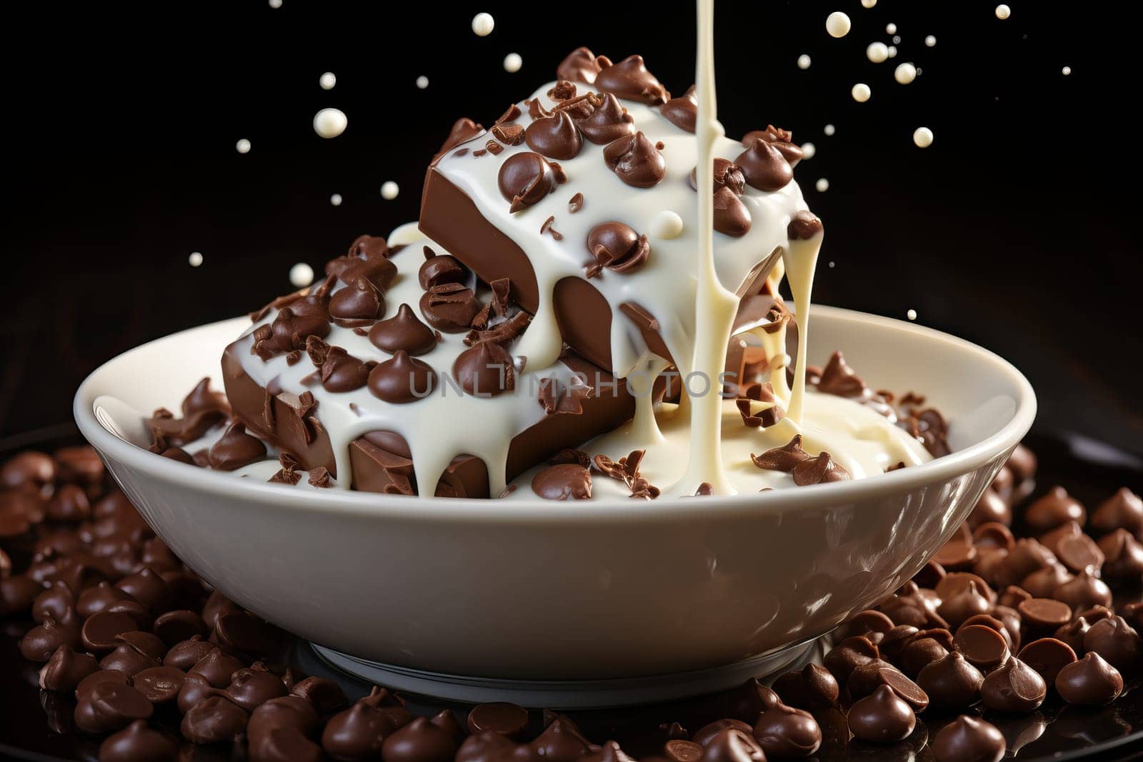 pieces of chocolate falling on chocolate sauce and a splash of milk cream on a black background.