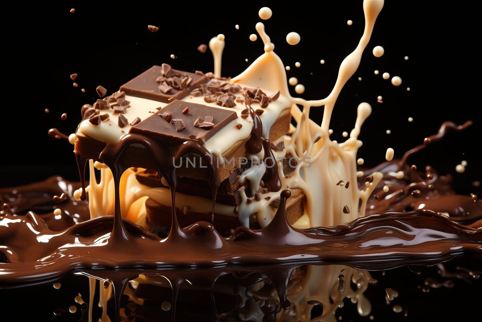 pieces of chocolate falling on chocolate sauce and a splash of milk cream on a black background.