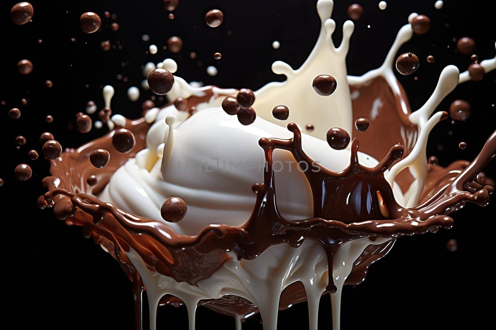chocolate pieces falling on chocolate sauce and Milk cream splash . by Niko_Cingaryuk