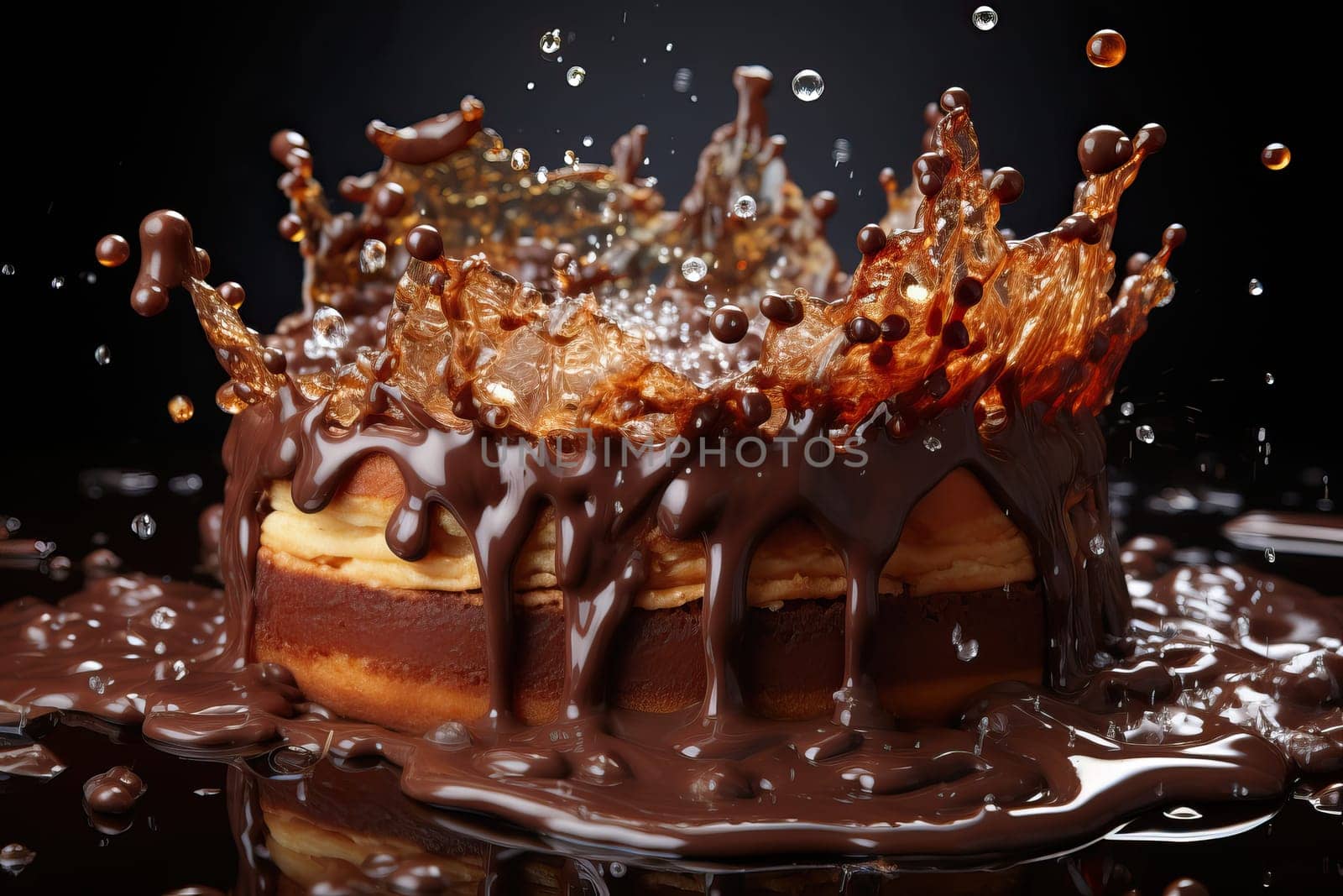 Splash of chocolate on donuts in the shape of a crown on a black background by Niko_Cingaryuk