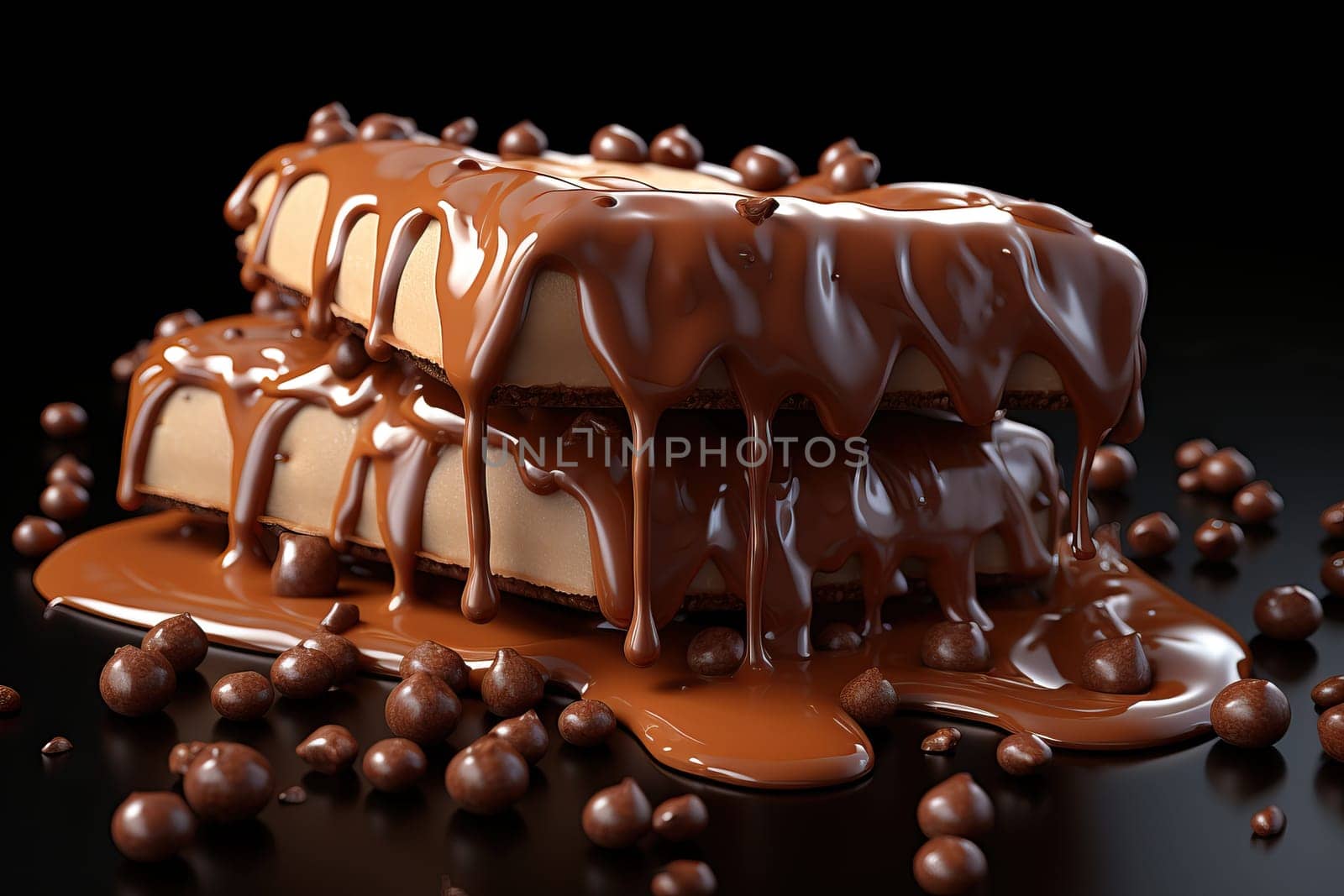 Semi-melted chocolate splashes on black background, melted chocolate close-up.