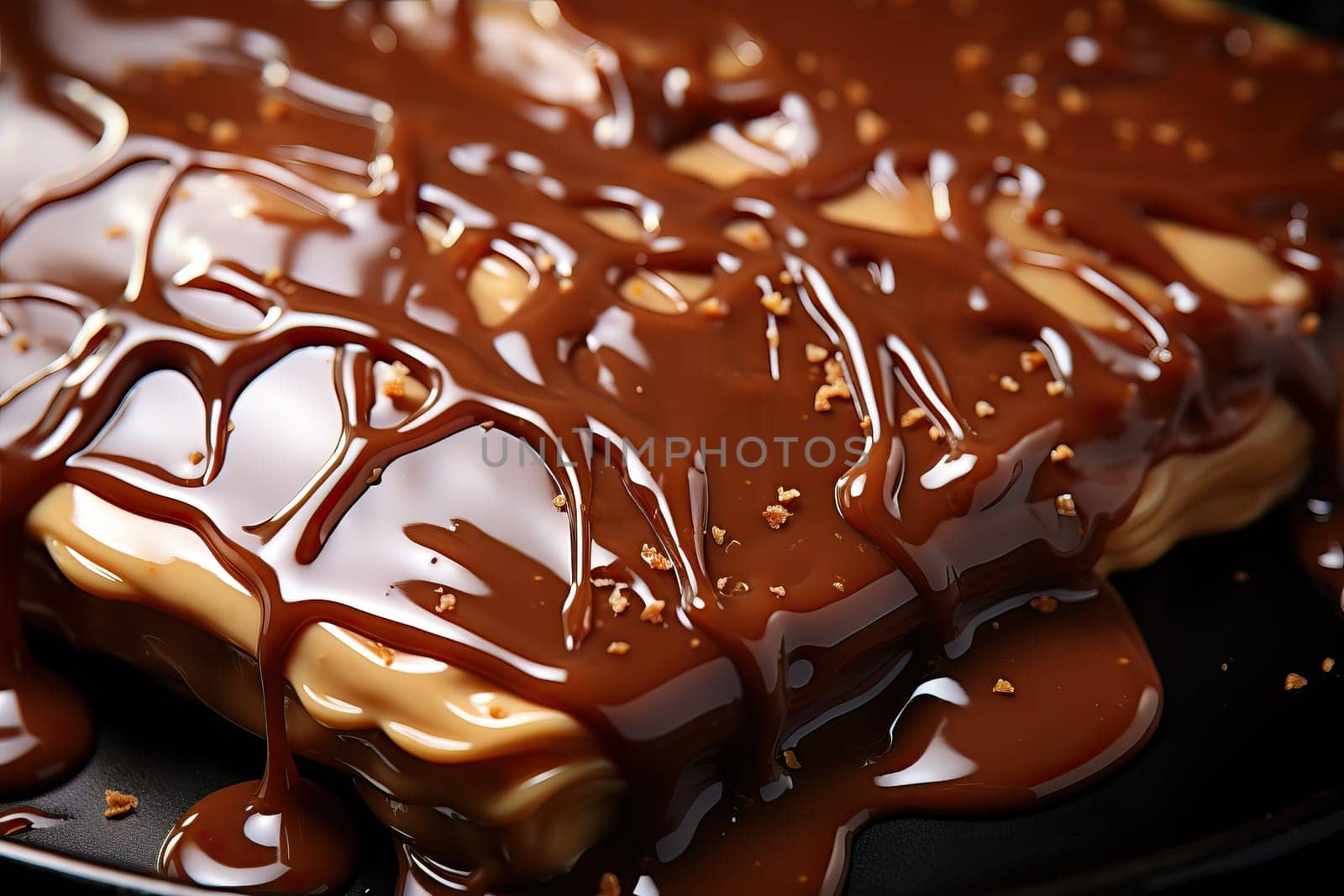 Melted caramel texture and light reflection, chocolate advertising banner.