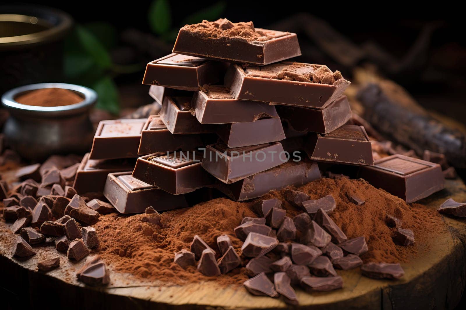 Pieces of dark chocolate sprinkled with cocoa powder, a natural antioxidant.