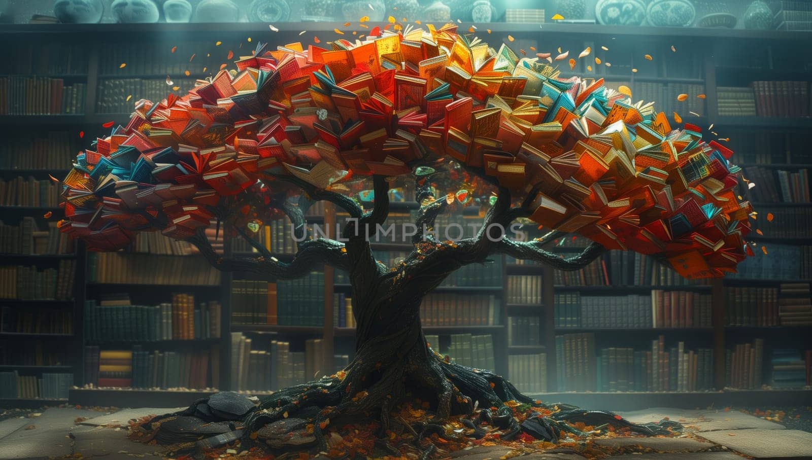 A tree plant growing inside a library building made of books by richwolf