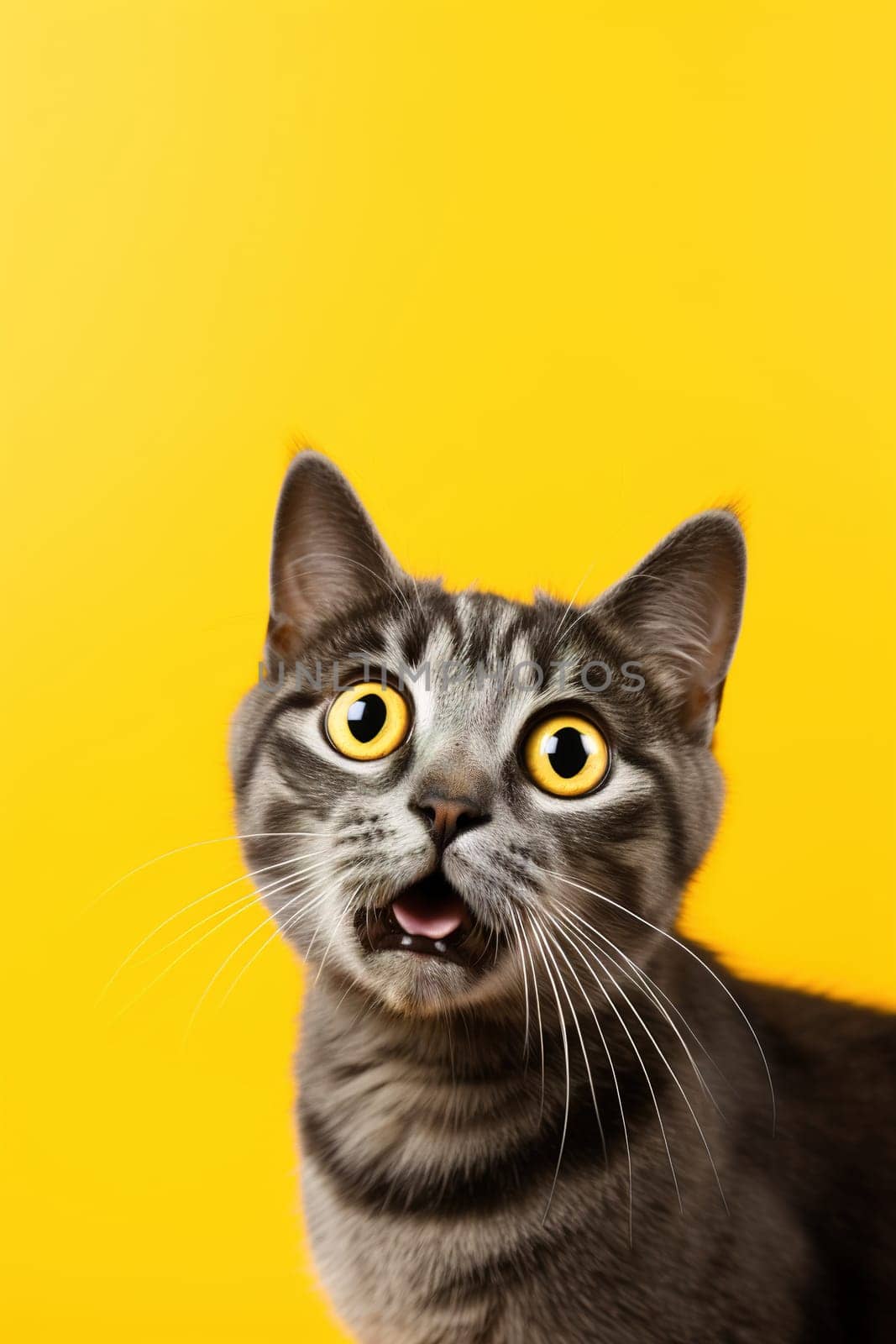 Cute, surprised cat with large, captivating eyes on yellow background. Ideal for promotions, great deals or offers. Good price, Black Friday, discount. Copy space for text. Amazed pet. Generative AI