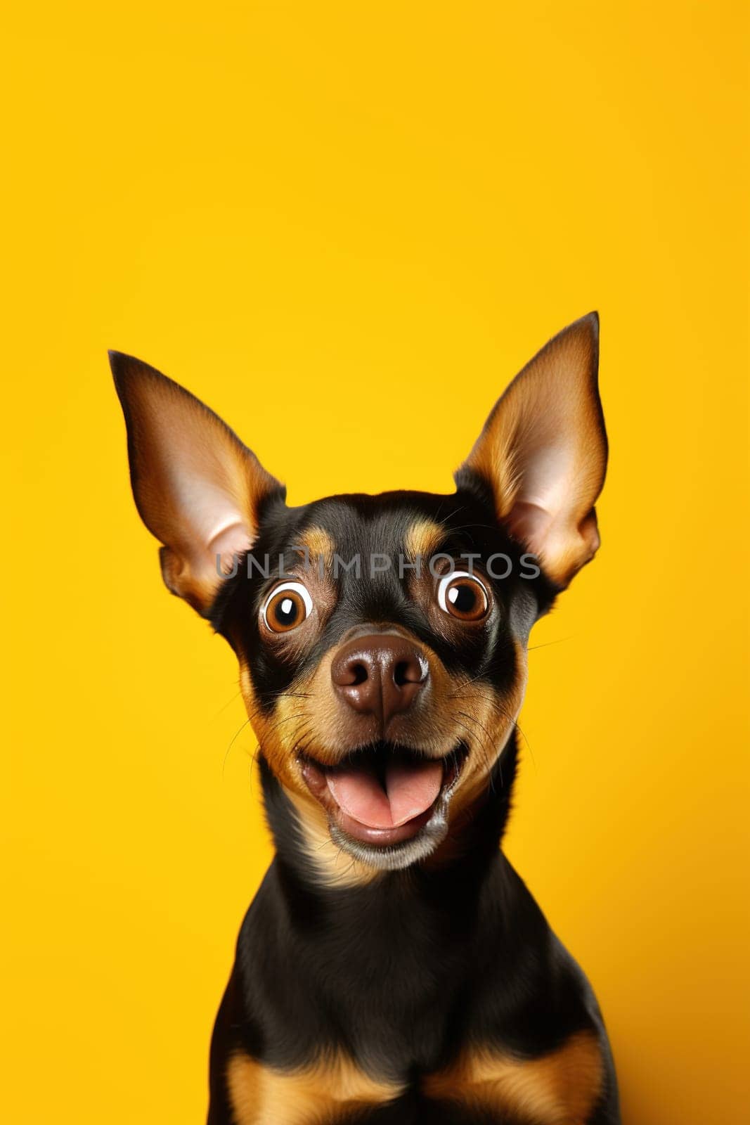 Cute, surprised dog with large, captivating eyes on yellow background. Ideal for promotions, great deals or offers. Good price, Black Friday, discount. Copy space for text. Amazed pet. Generative AI