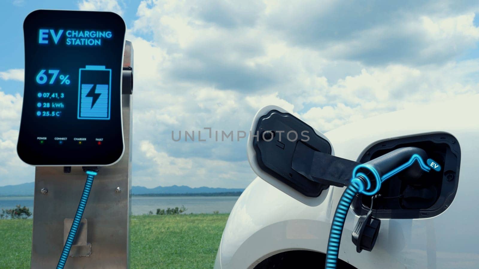 Electric car plugged in with charging station with nature background. Peruse by biancoblue