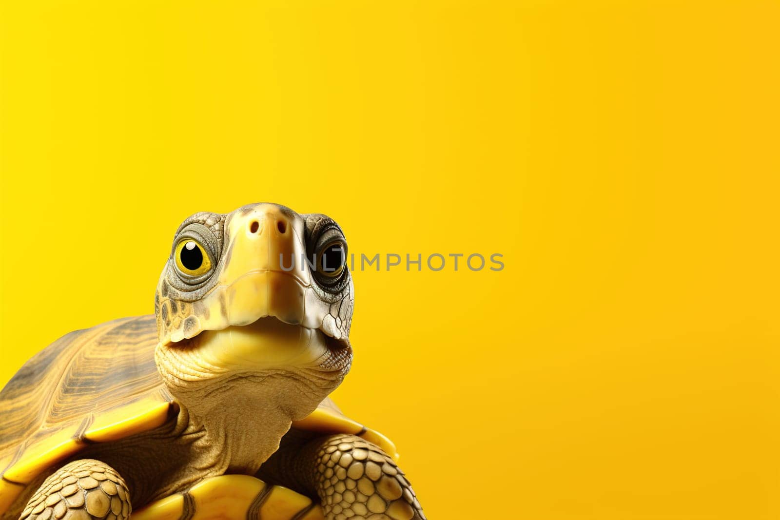 Cute turtle portrait with a vivid yellow background, perfect for wildlife conservation messages, educational content, or pet-related advertising. Copy space for text. Generative AI. by creativebird