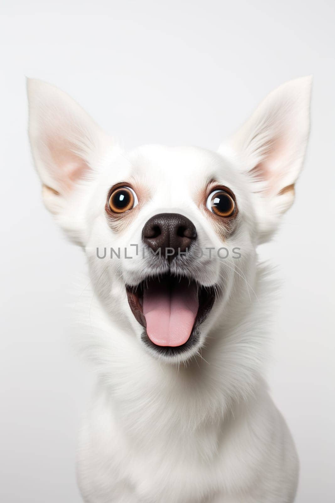Cute, surprised dog with large, captivating eyes on white background. Ideal for promotions, great deals or offers. Good price, Black Friday, discount. Copy space for text. Amazed pet. Generative AI