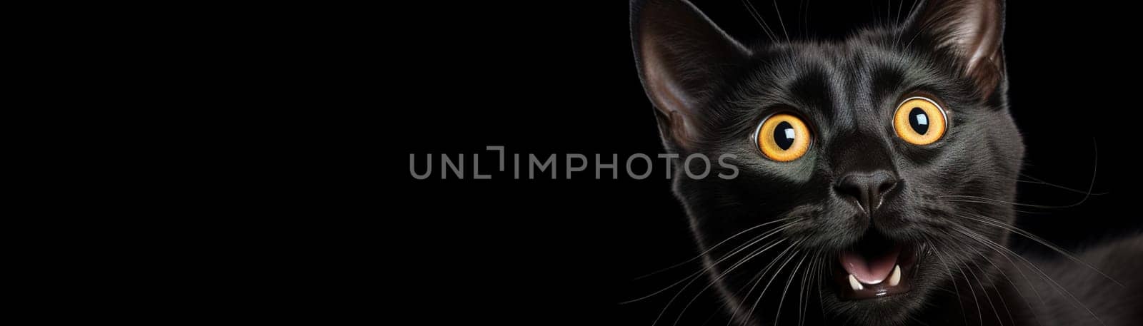 Black surprised cat with large, captivating eyes on black background. Ideal for promotions, great deals or offers. Good price, Black Friday, discount. Copy space for text. Banner. Generative AI