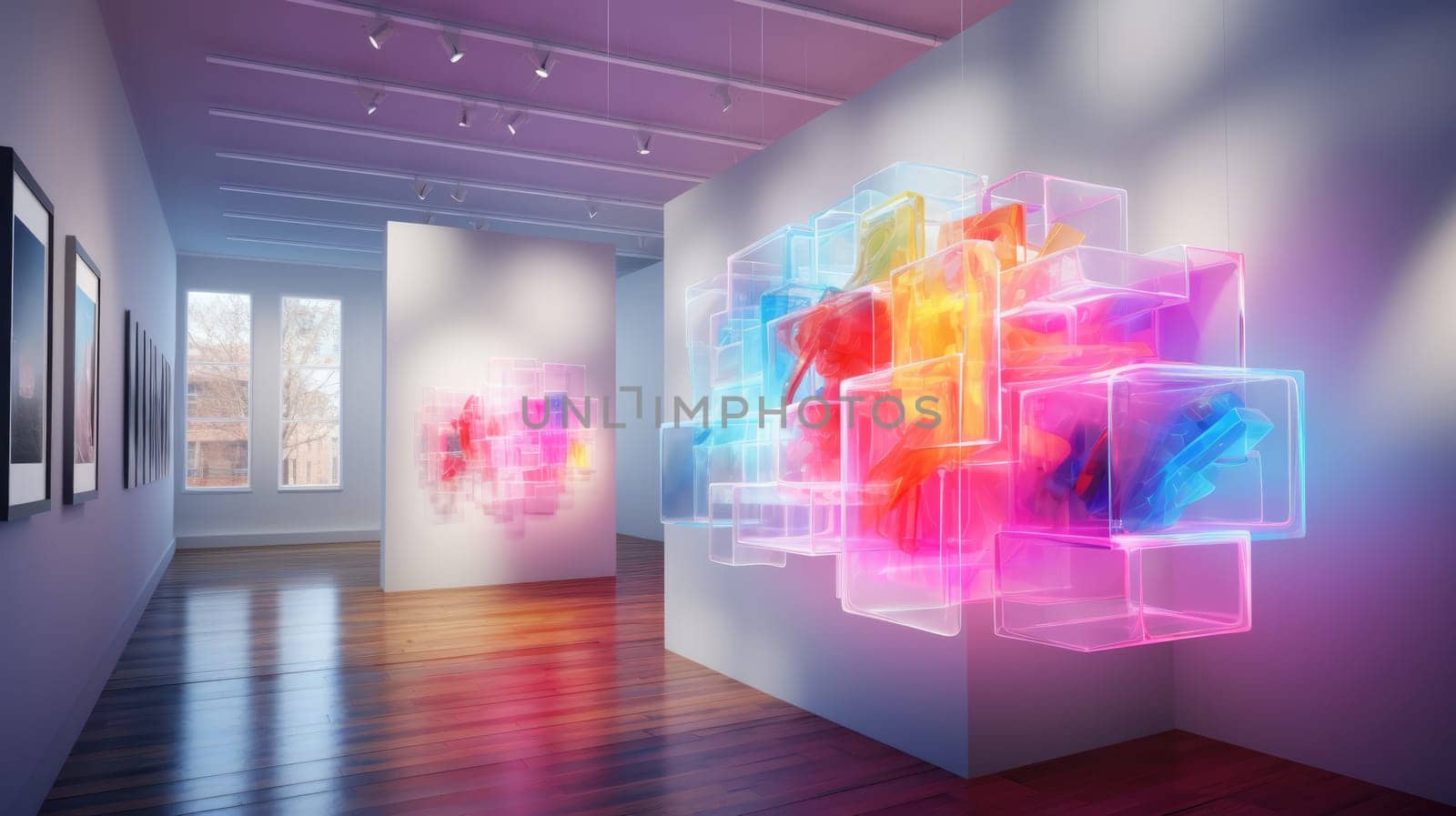 Virtual museum. Digital art. NFT. AI and Augmented Reality exhibition. Art installations in the gallery