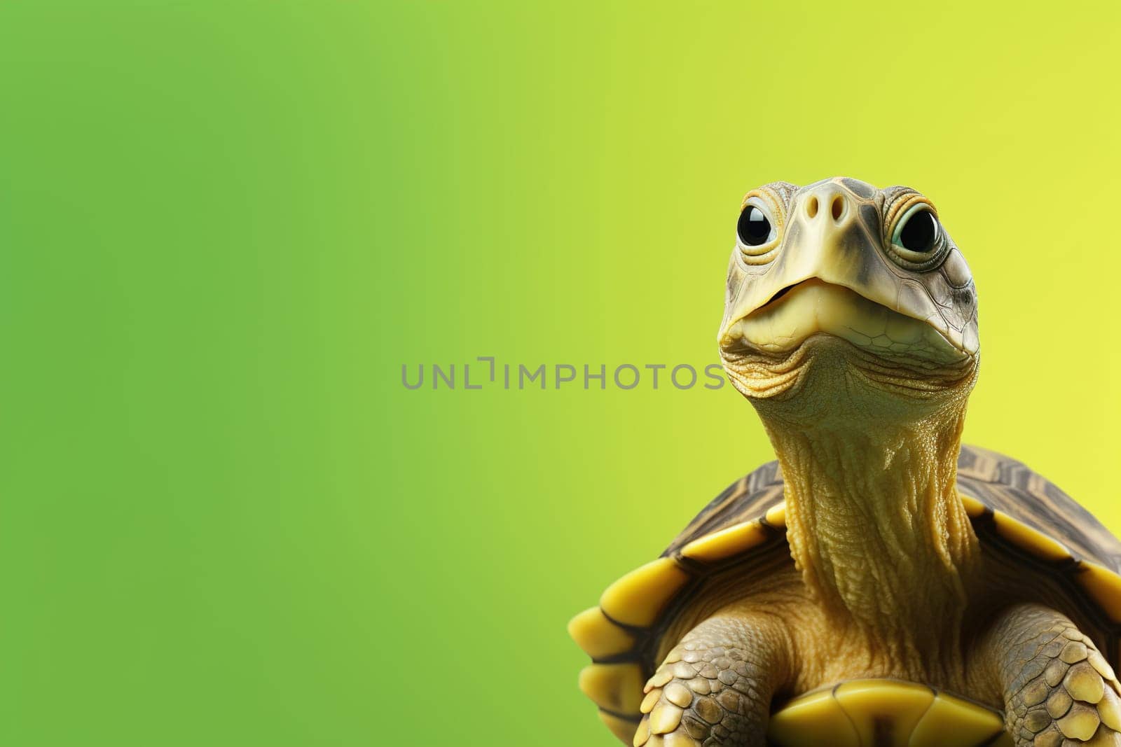 Cute turtle portrait with a vivid green background, perfect for wildlife conservation messages, educational content, or pet-related advertising. Copy space for text. Generative AI
