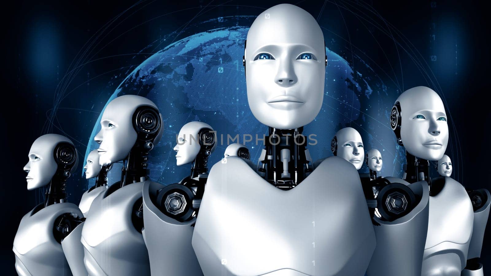 XAI 3d illustration of robot hominoid group in concept of future artificial intelligence and 4th fourth industrial revolution.