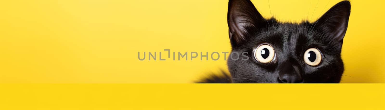 Captivating black cat against bold yellow background, perfect for eye-catching advertisements, special promotions, or creative projects. Copy space for text. Panoramic banner. Generative AI