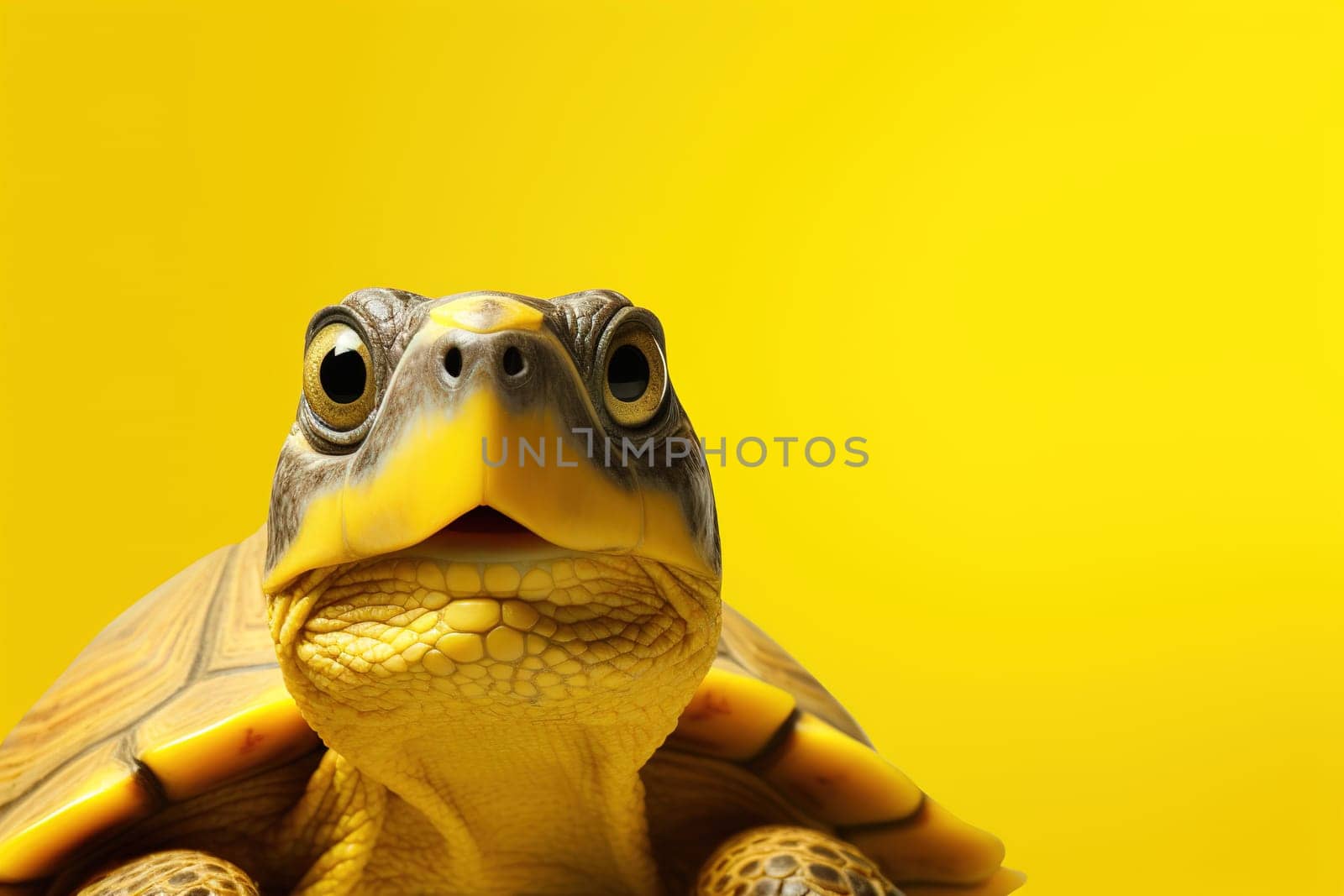 Cute turtle portrait with a vivid yellow background, perfect for wildlife conservation messages, educational content, or pet-related advertising. Copy space for text. Generative AI