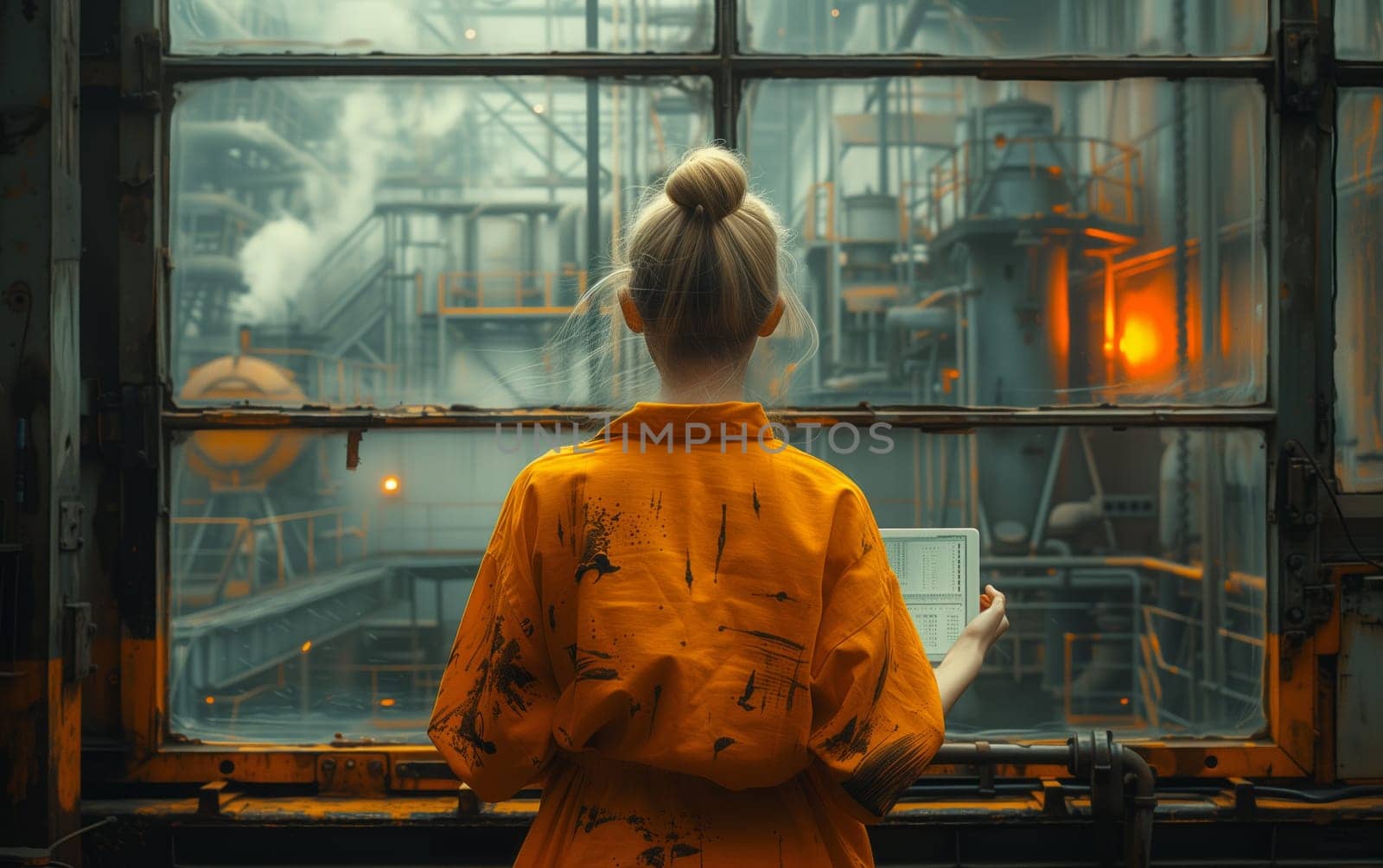 A woman in orange robes gazes out the window at the factory by richwolf