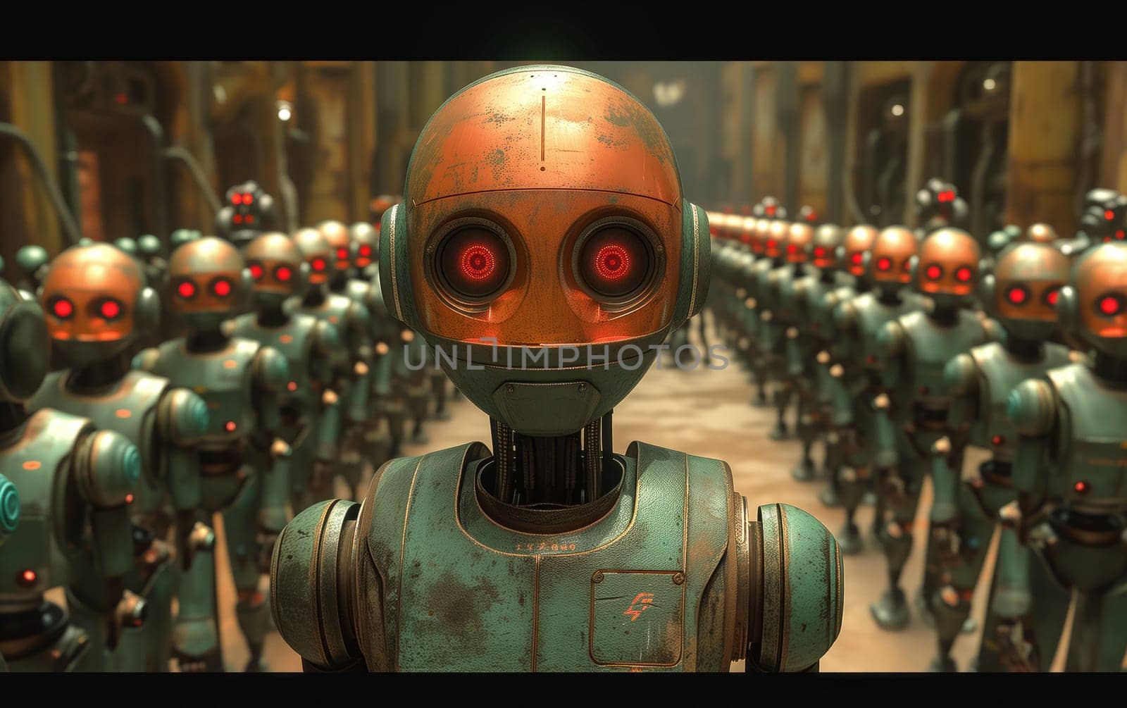 a group of robots are standing next to each other in a room by richwolf