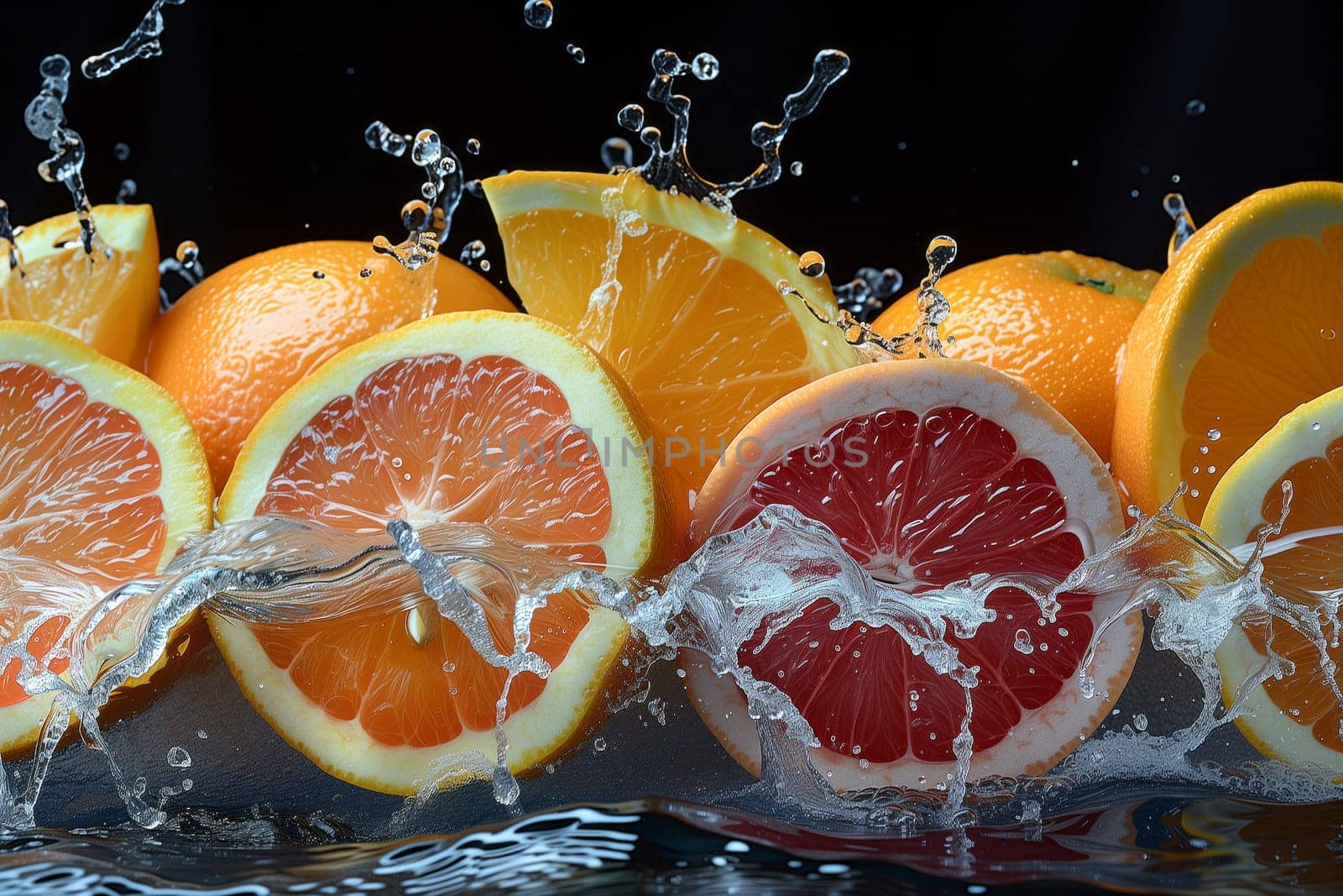 Citrus fruits like grapefruit, oranges, and lemons are happily splashing in the water, adding a refreshing touch of color and zest to the scene