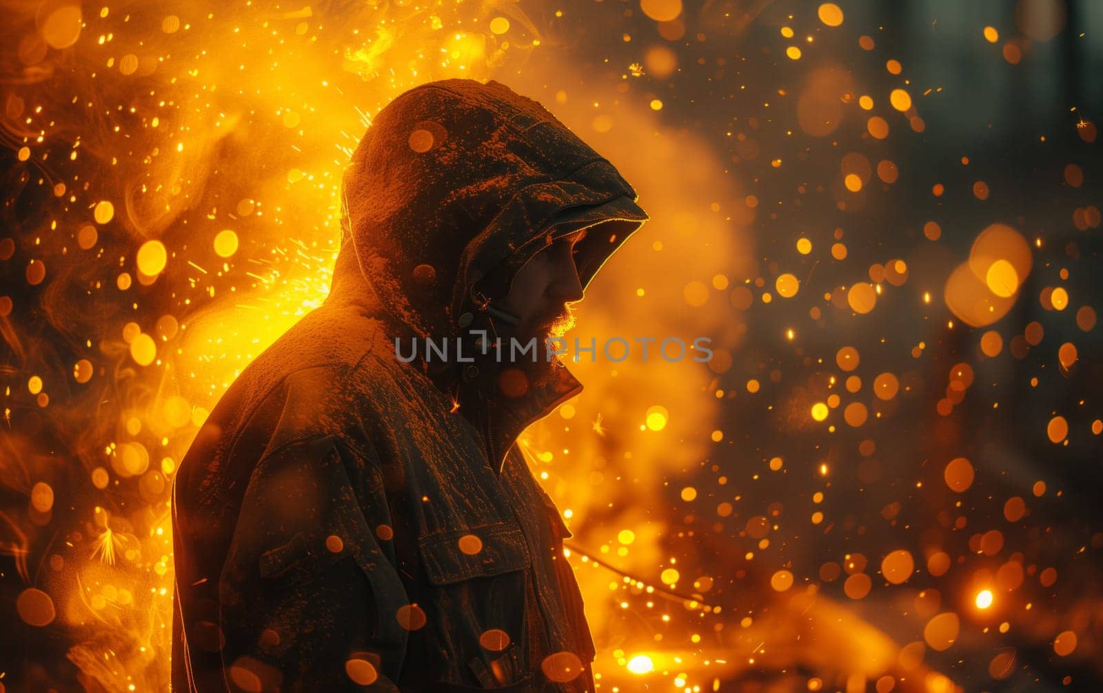 A man in a hooded jacket stands in front of a blazing fire, emanating warmth and light against the backdrop of darkness