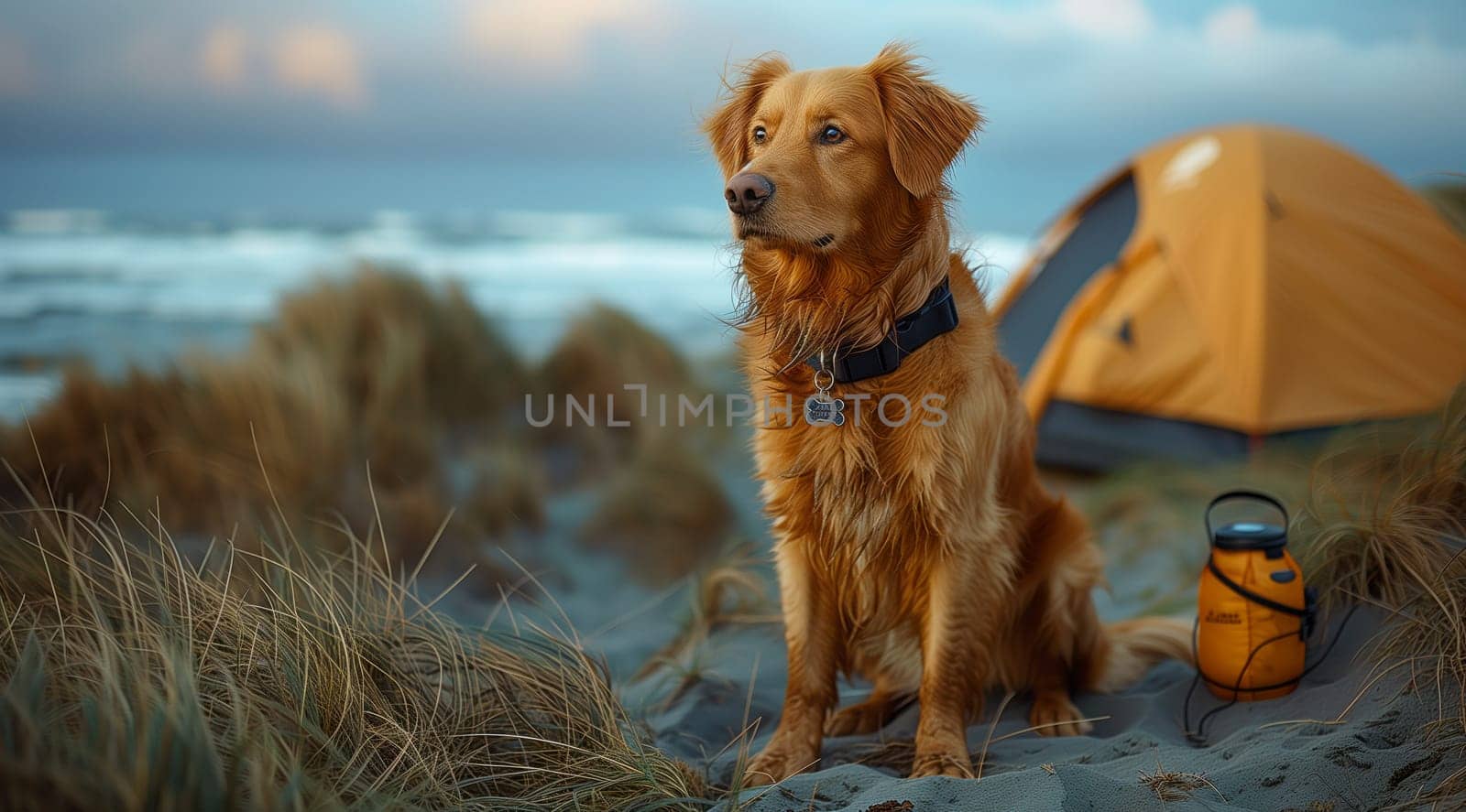 A carnivore dog with a fawn coat is resting on the beach near a tent by richwolf