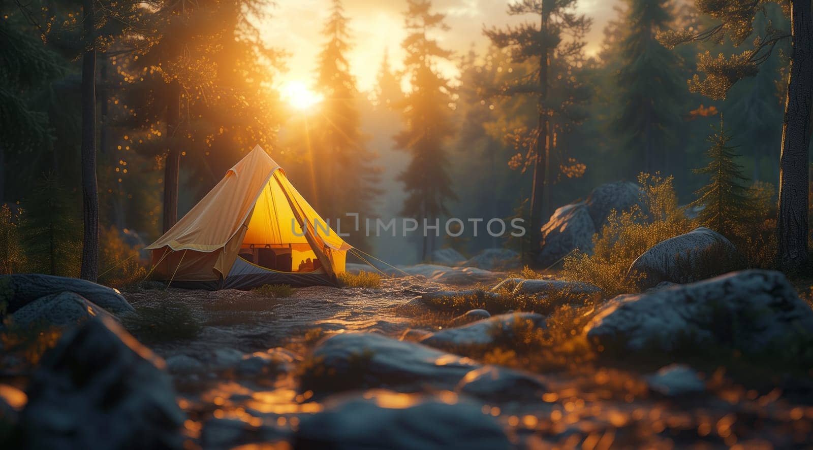 A tent is nestled in the heart of a forest as the sun sets, creating a serene atmosphere amidst the lush natural landscape of wood, trees, and grass