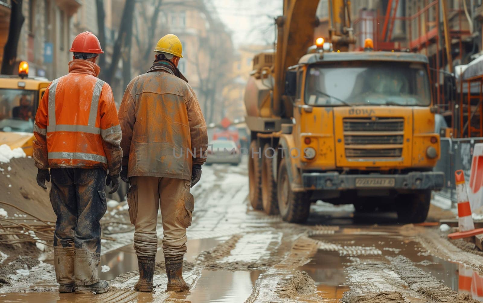 Two construction workers in highvisibility clothing and helmets walk on a muddy street beside a truck with a tire and wheel, surrounded by water