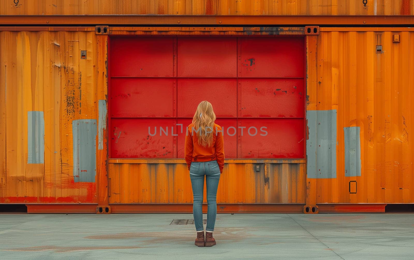 a woman is standing in front of a red door by richwolf
