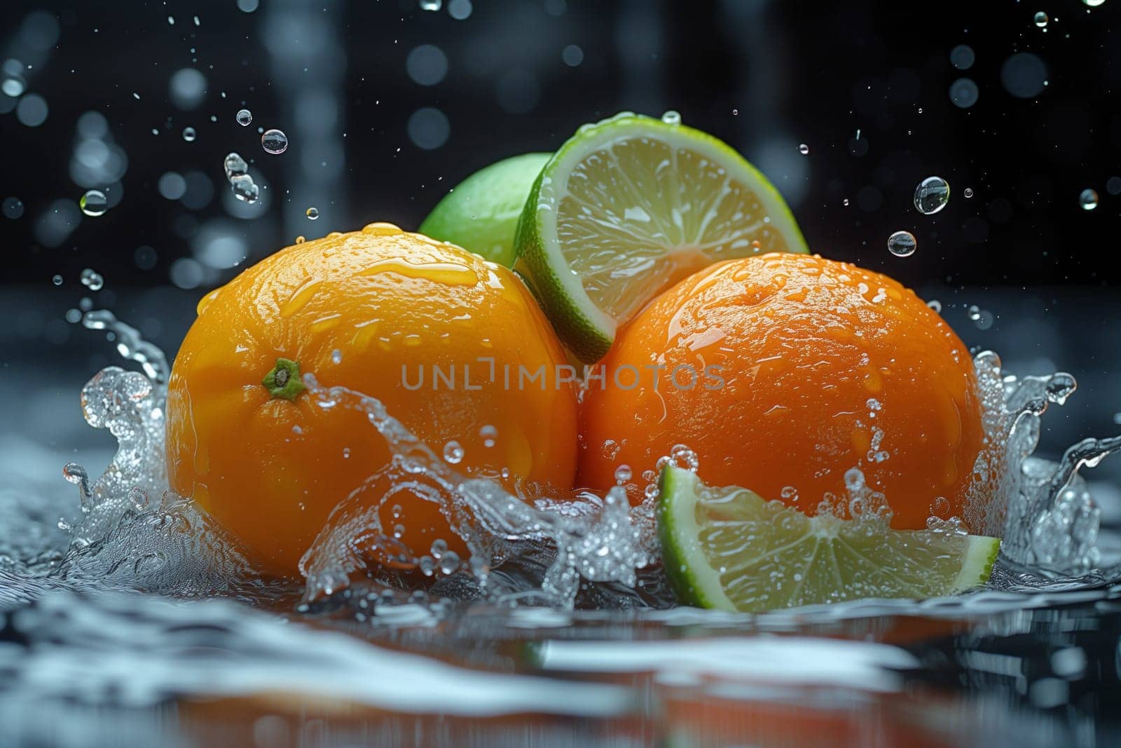 Various citrus fruits like Valencia oranges, Clementines, Rangpurs, and Bitter oranges are splashing in the water, showcasing the vibrant colors and refreshing taste of natural foods