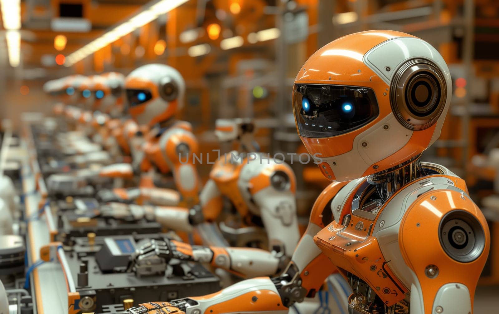 Robots in a factory assembling automotive parts on a conveyor belt by richwolf
