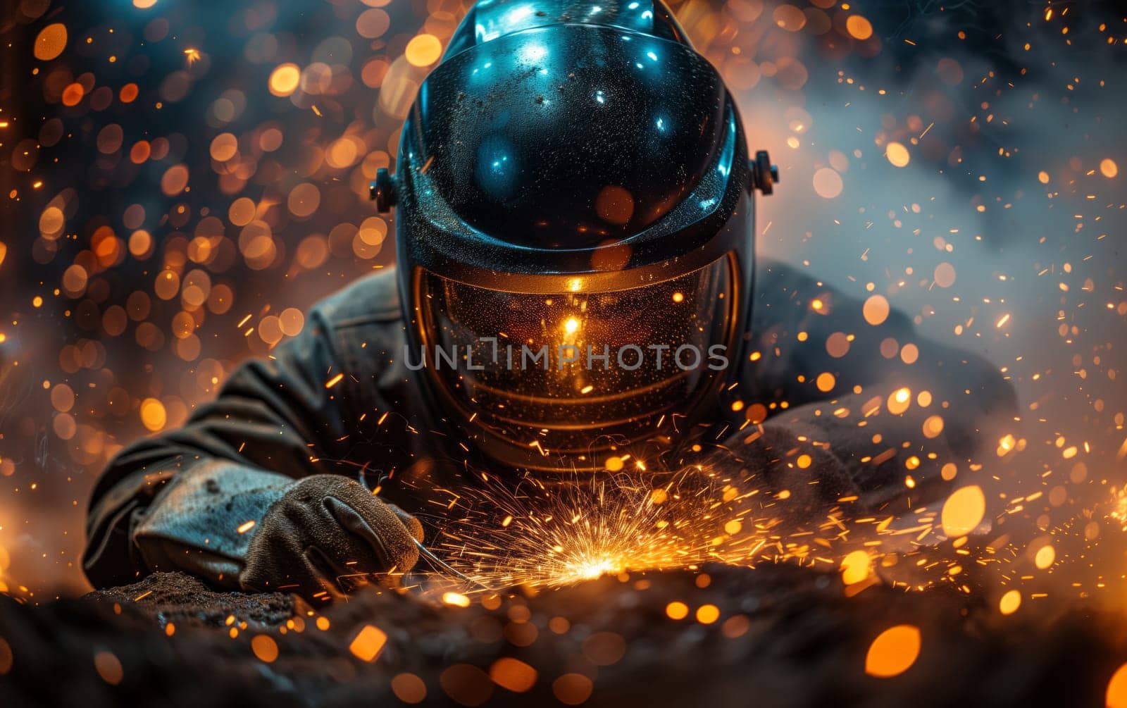 A man in a welding helmet is using personal protective equipment to weld a piece of metal in darkness, resembling a scene from an action film