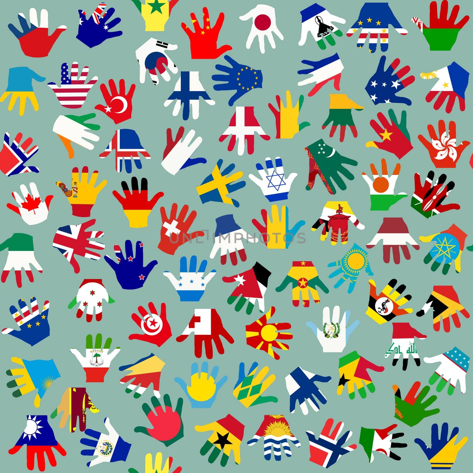 Seamless pattern with kids hands with a print of various flags of the world