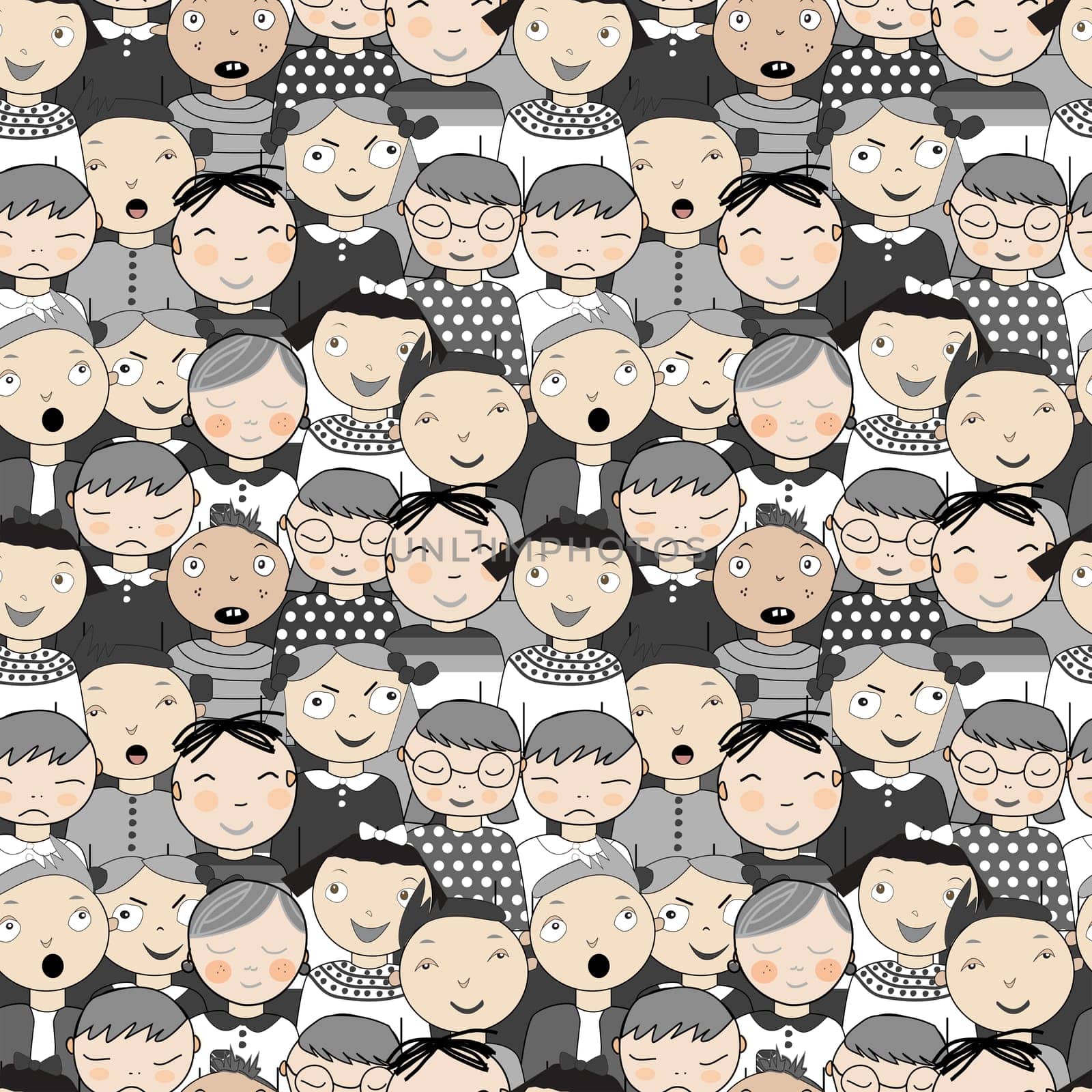 Monochrome hand drawn seamless pattern with cute various faces of children