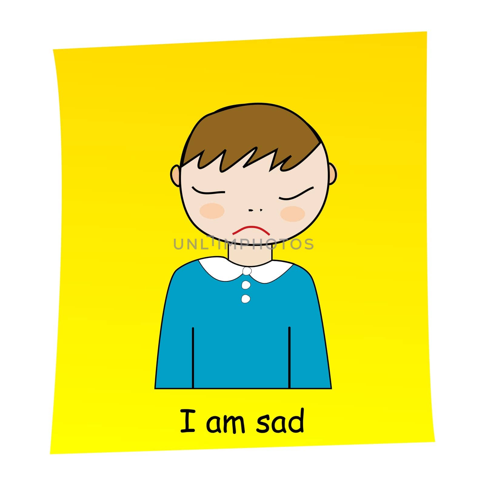 I am sad concept. Cartoon hand drawn boy with sad expression