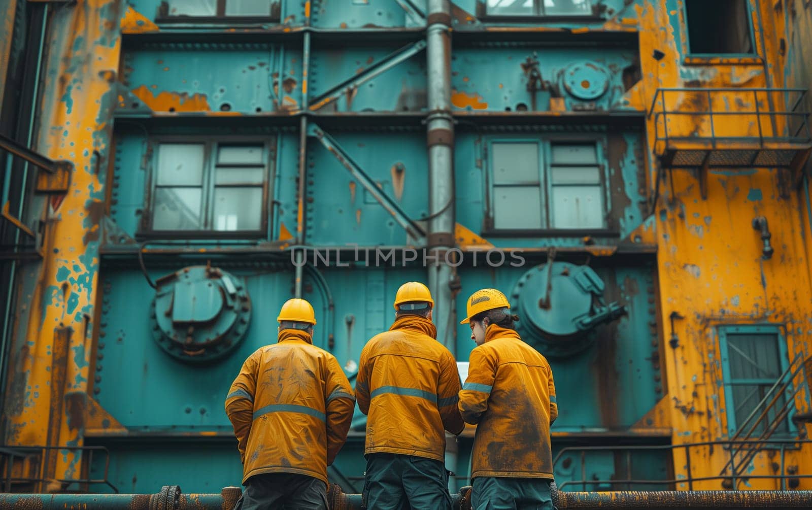 three construction workers are standing in front of a building by richwolf