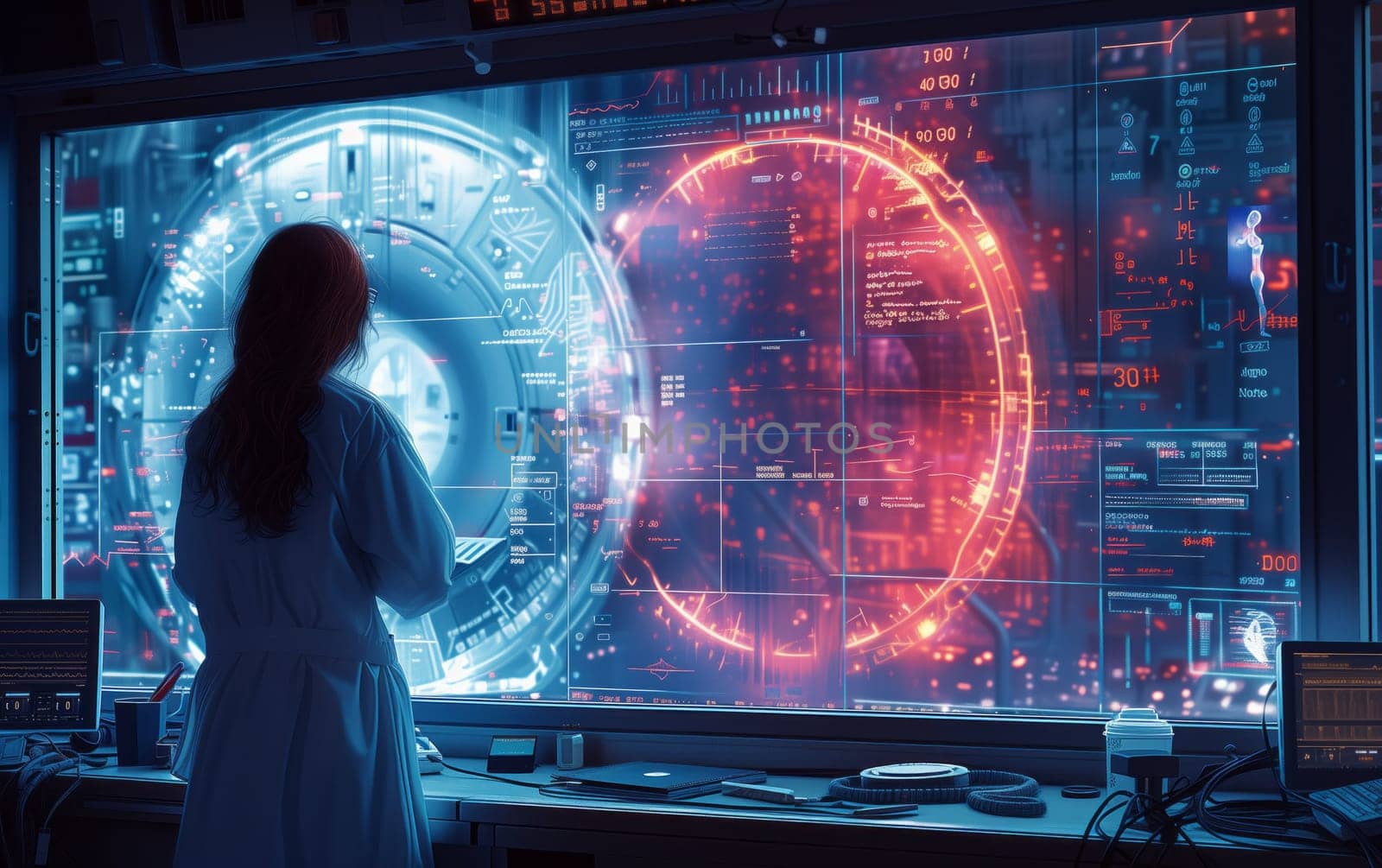 a woman in a lab coat is standing in front of a large screen . High quality