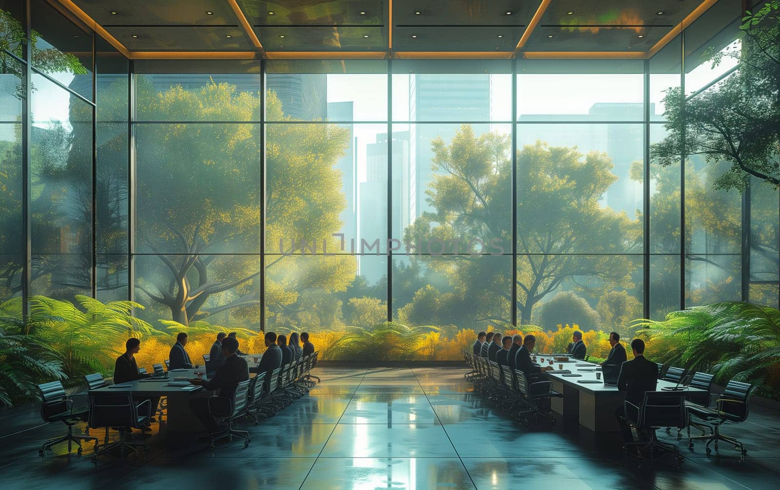 A group of individuals are gathered in a conference room with long tables, surrounded by building facade, glass walls, and artistic decor