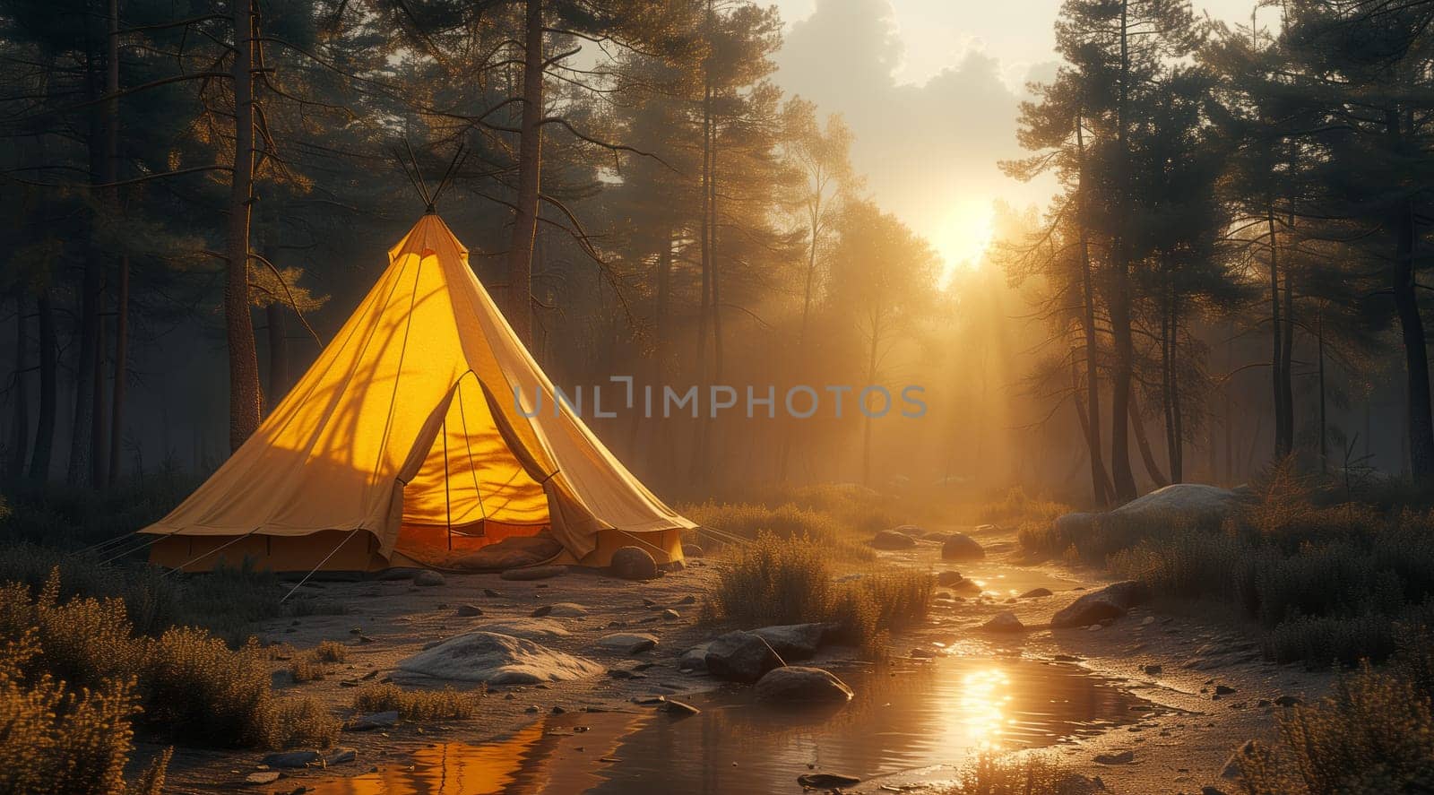 A triangle tent is illuminated by sunlight in the middle of nature, beside a river in a forest. The tranquil morning scene is perfect for travel