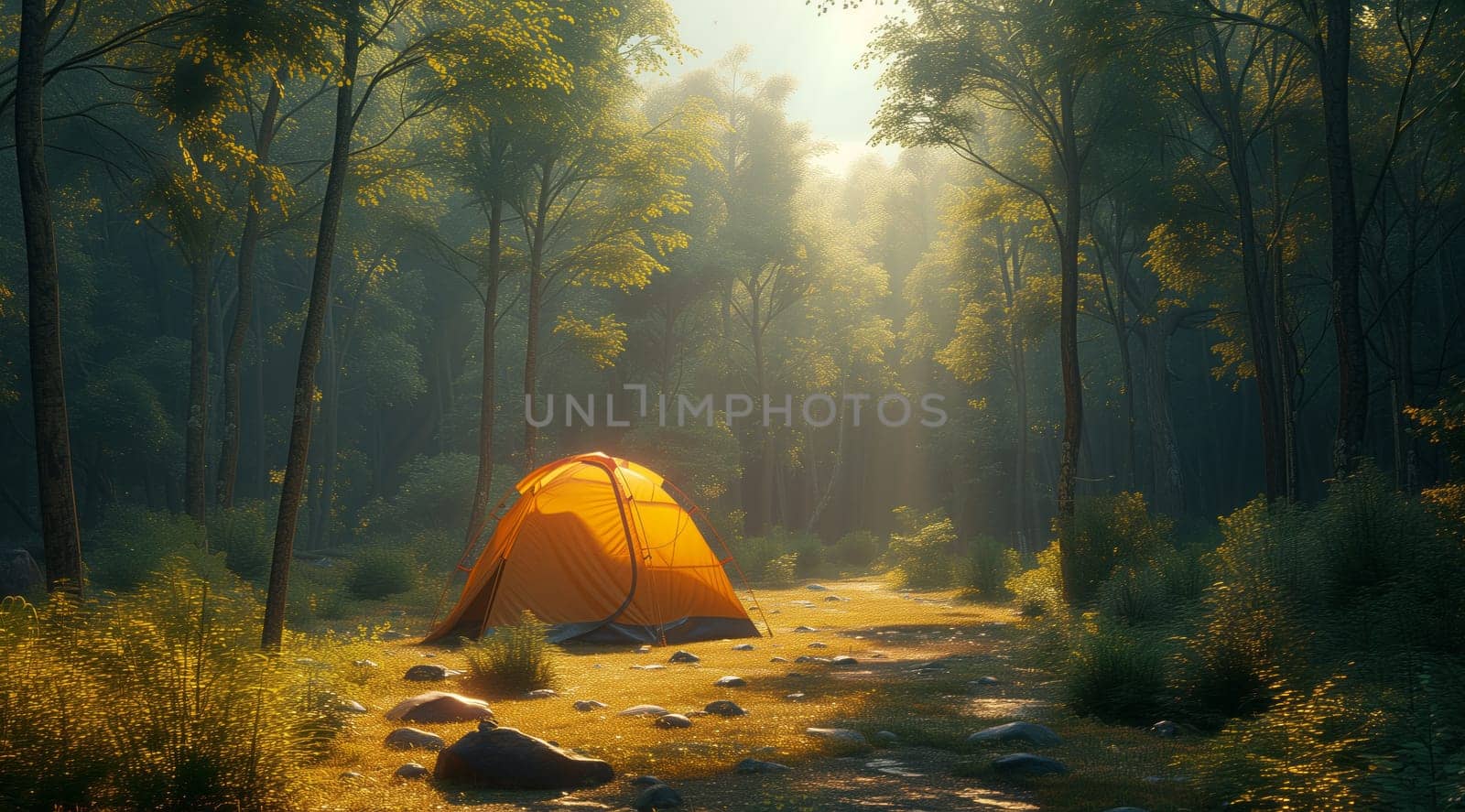 A tent is pitched in the heart of a lush forest surrounded by towering trees, vibrant green grass, and the peaceful sounds of nature
