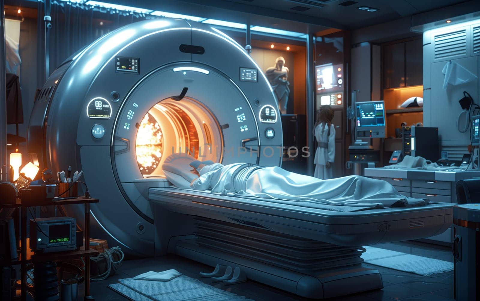 The individual is positioned inside a circular machine resembling a large automotive tire. The machine emits an electric blue light, surrounded by metal walls in a hospital room