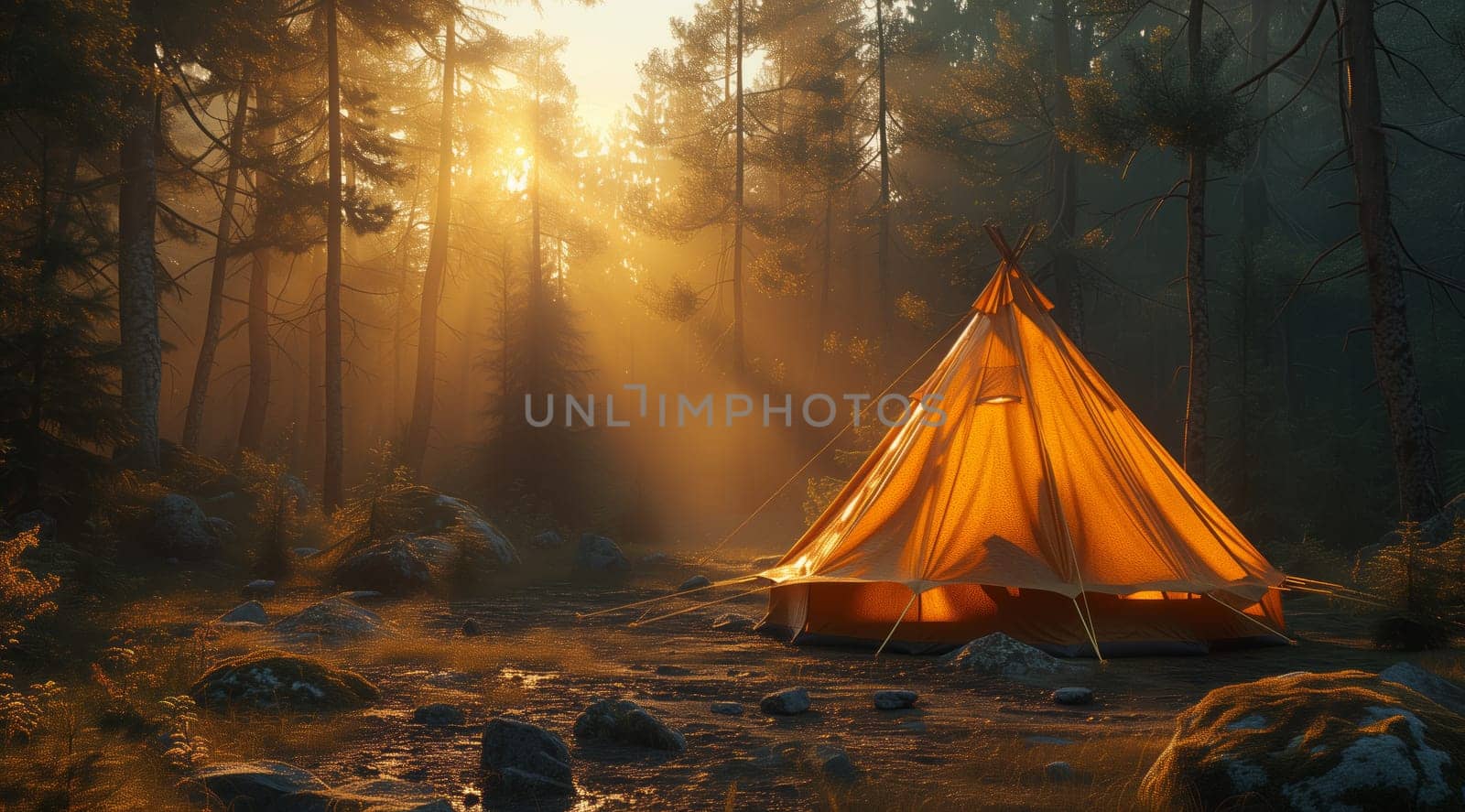 A triangular tent sits amidst the forest with sunlight filtering through the trees, casting tints and shades on the natural landscape