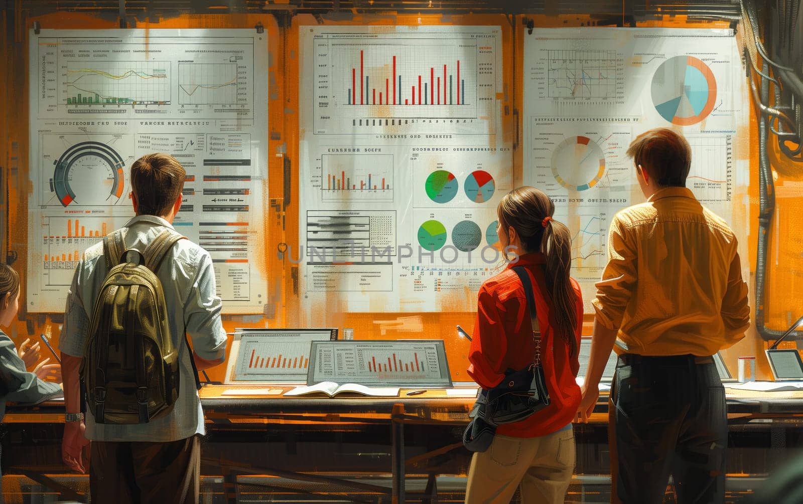 A group of individuals are gathered in a room admiring visual arts displayed on graphs and charts on the wall