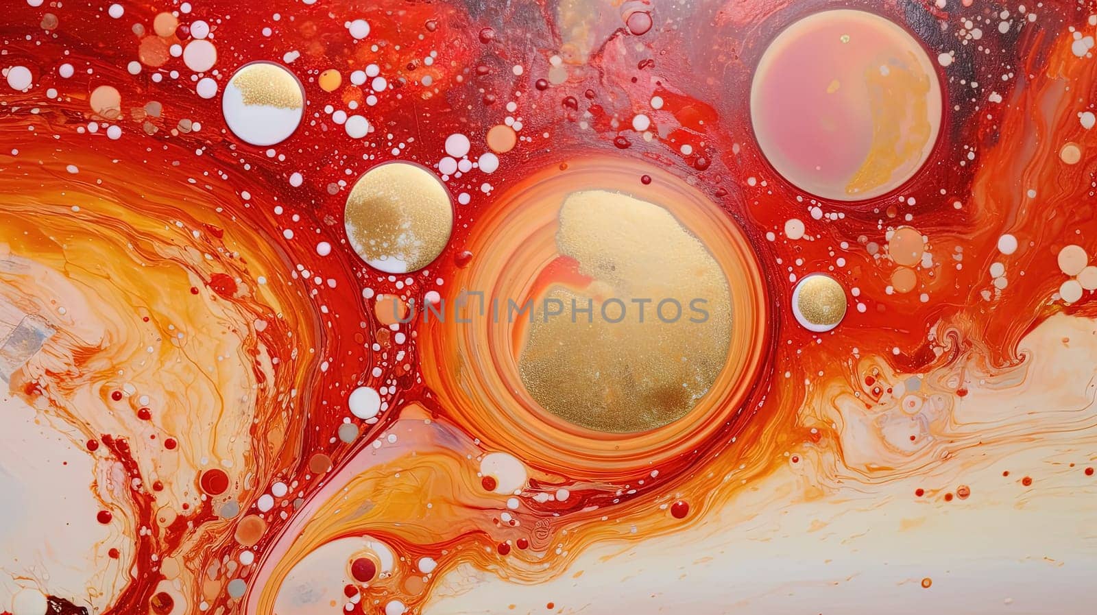 Abstract artistic background with red marble and golden paint stains. Generated AI