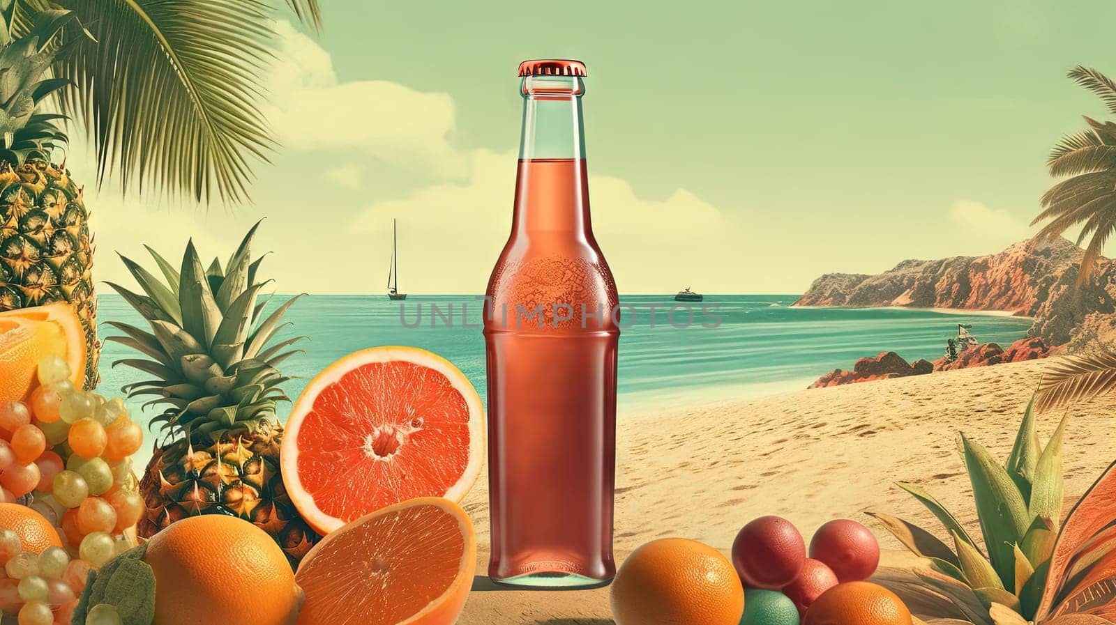 Bottle with fruit water or alcohol in the sand of the beach. Vacation scene with lemonade bottle on the shore line. Generative AI