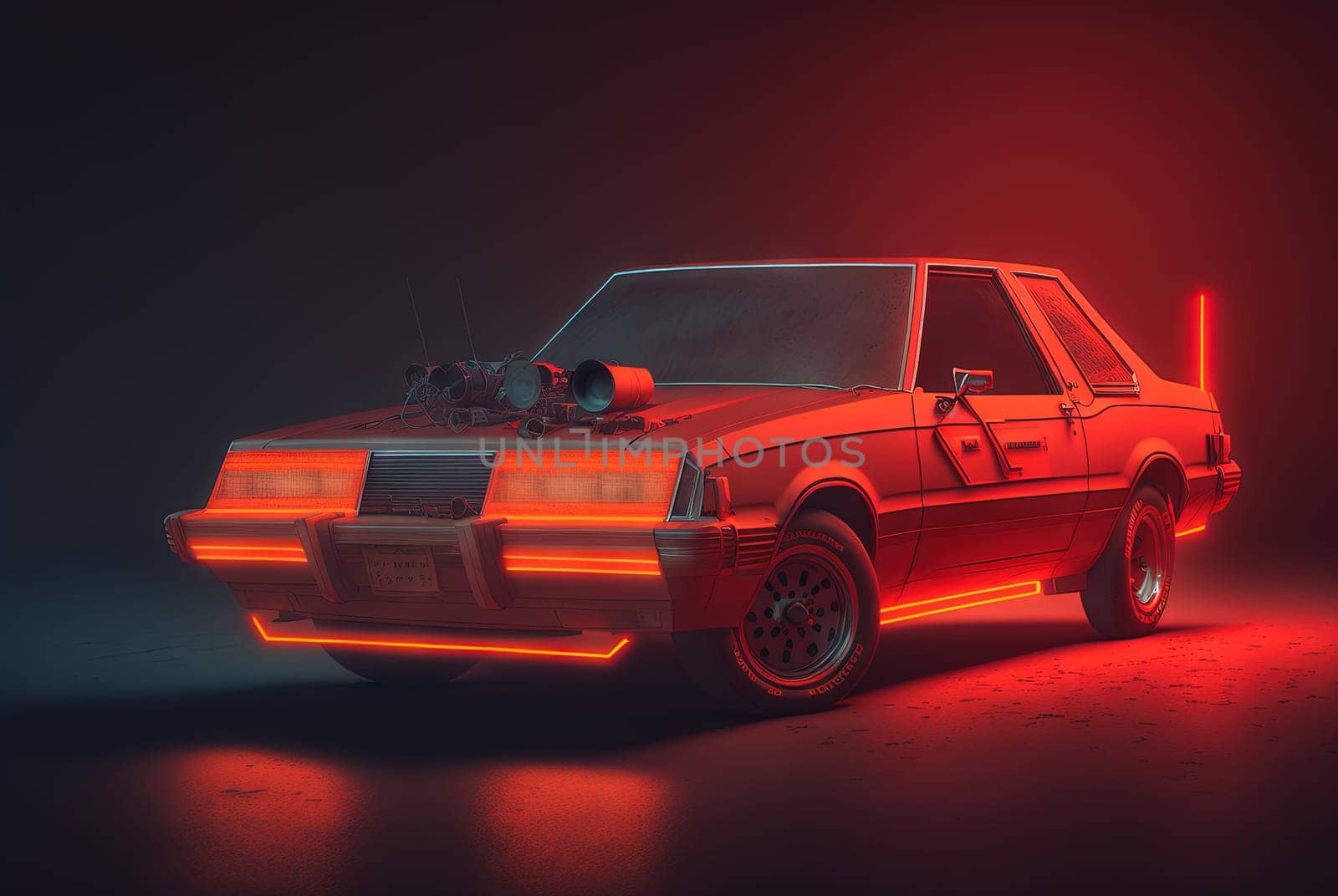 80s styled abstract retro car. Vintage automotive design in neon lights. Generated AI. by SwillKch