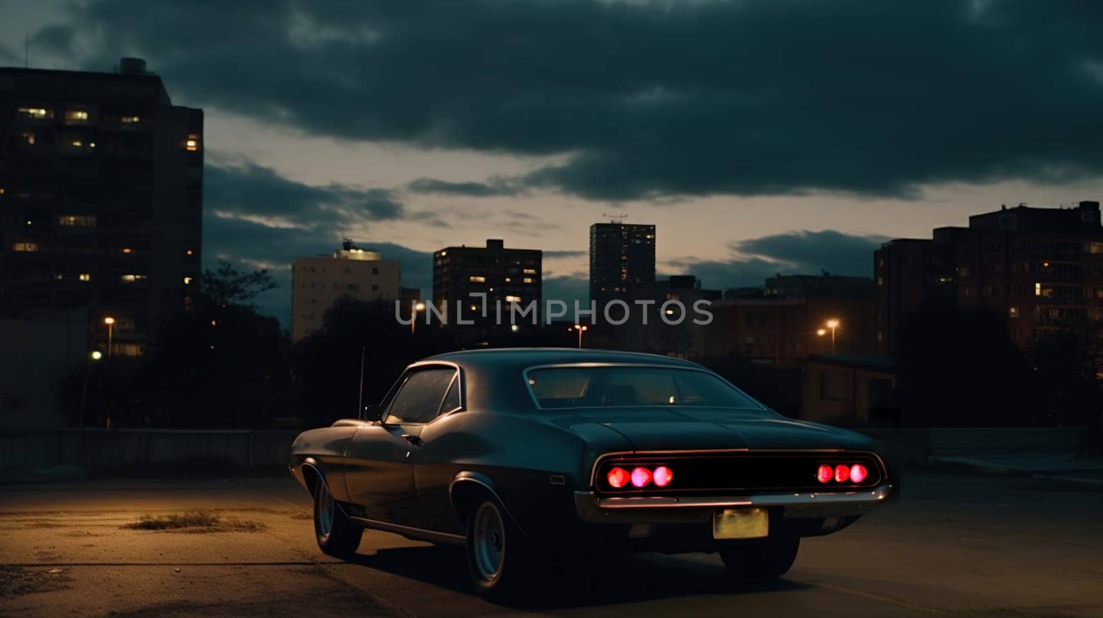 Vintage muscle car parked on the street at night. 80s styled synthwave retro scene with powerful drive in evening. Generated AI. by SwillKch