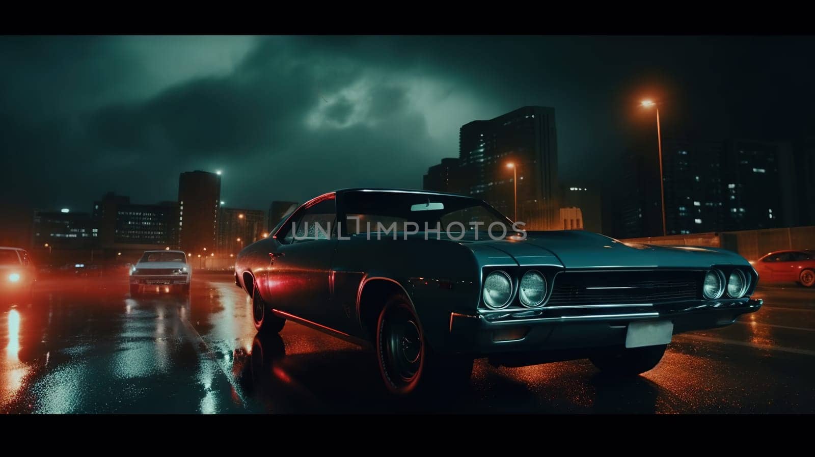 Vintage muscle car parked on the street at night. 80s styled synthwave retro scene with powerful drive in evening. Generated AI. by SwillKch