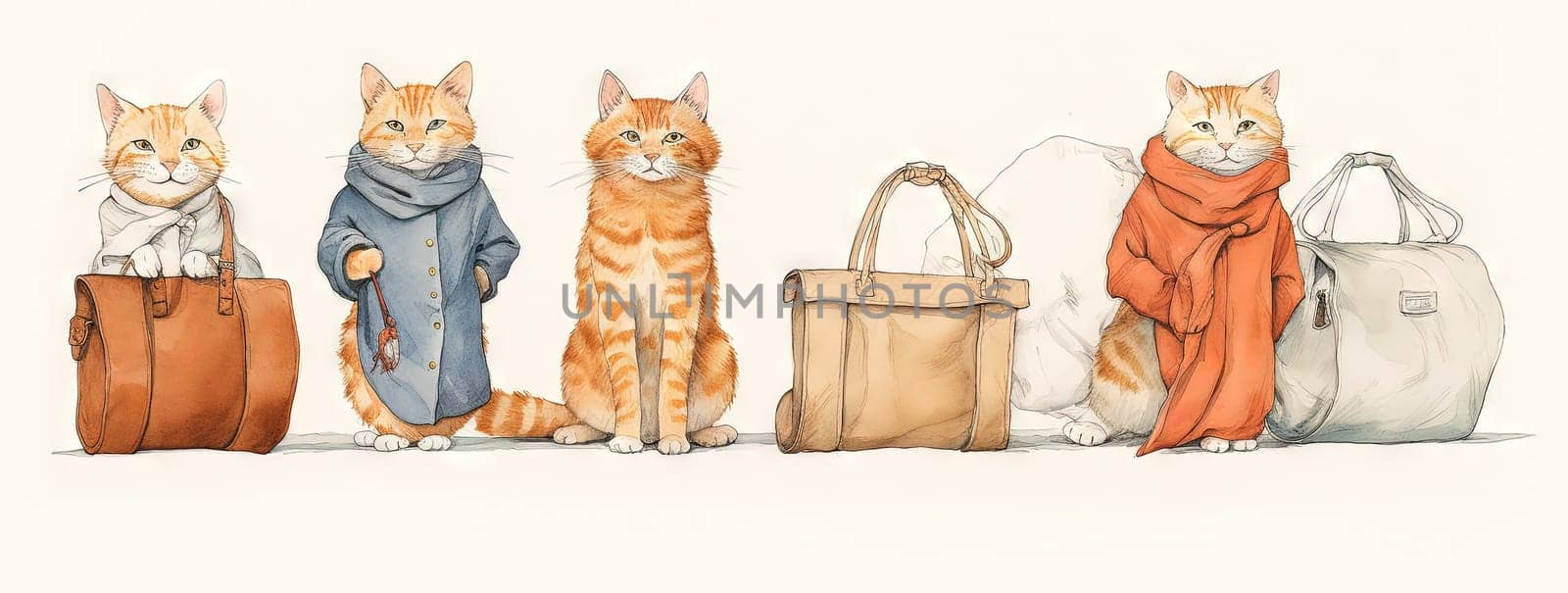 Cute cats family travelling with luggage. Watercolor styled kittens with suitcases. Generated AI. by SwillKch