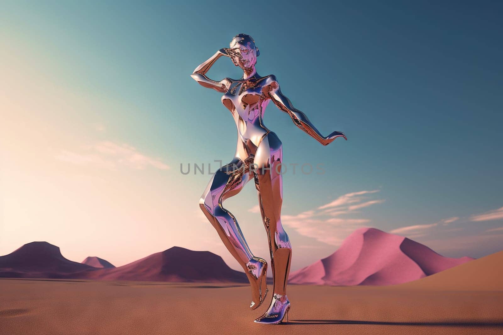 Crome robot woman dancing in the desert. Artificial intelligence rise and shiny. Mechanical beauty. Generated AI