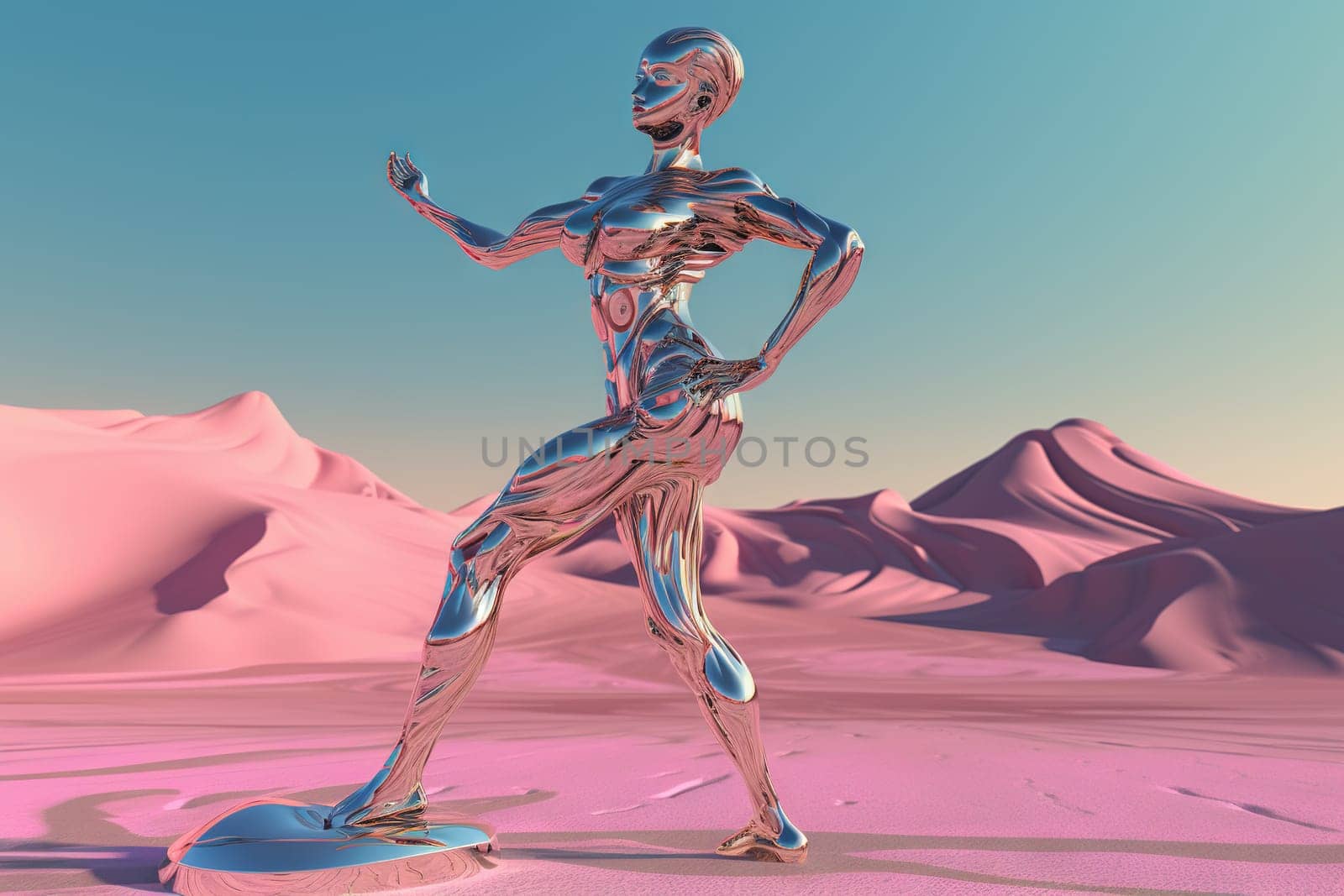 Crome robot woman dancing in the desert. Artificial intelligence rise and shiny. Mechanical beauty. Generated AI. by SwillKch