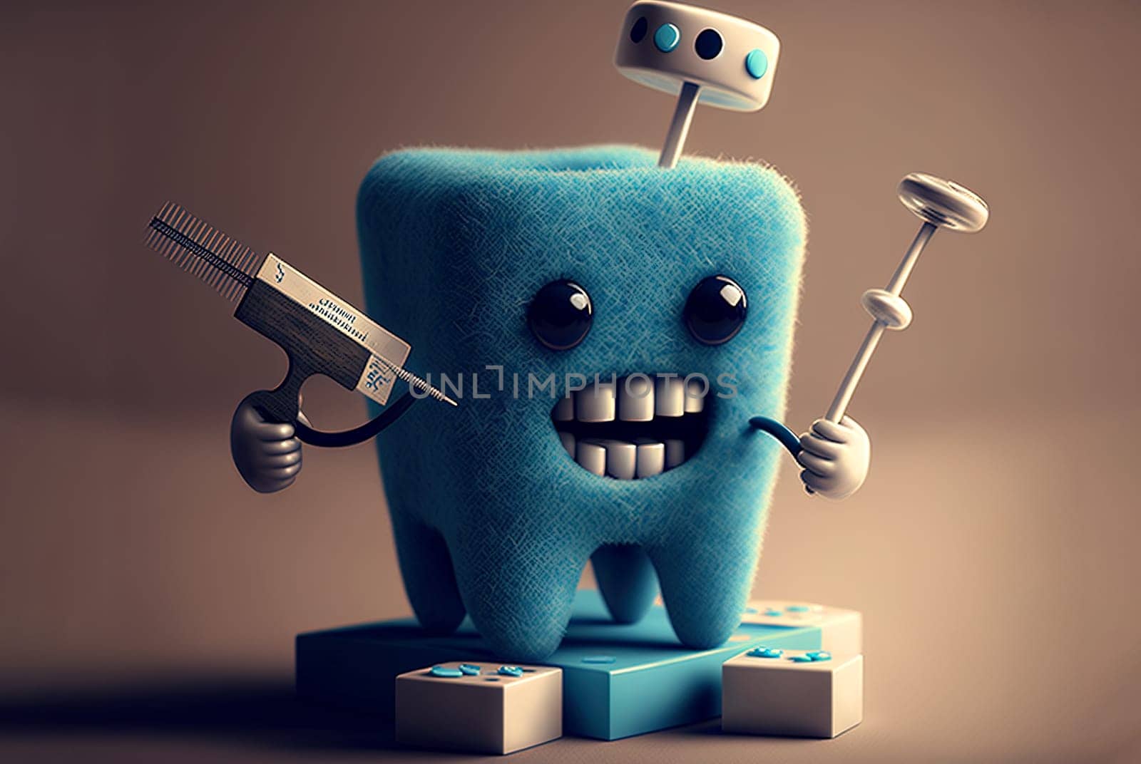 Funny Dentist Day poster with retro styled tooth and vintage equipment. Generated AI